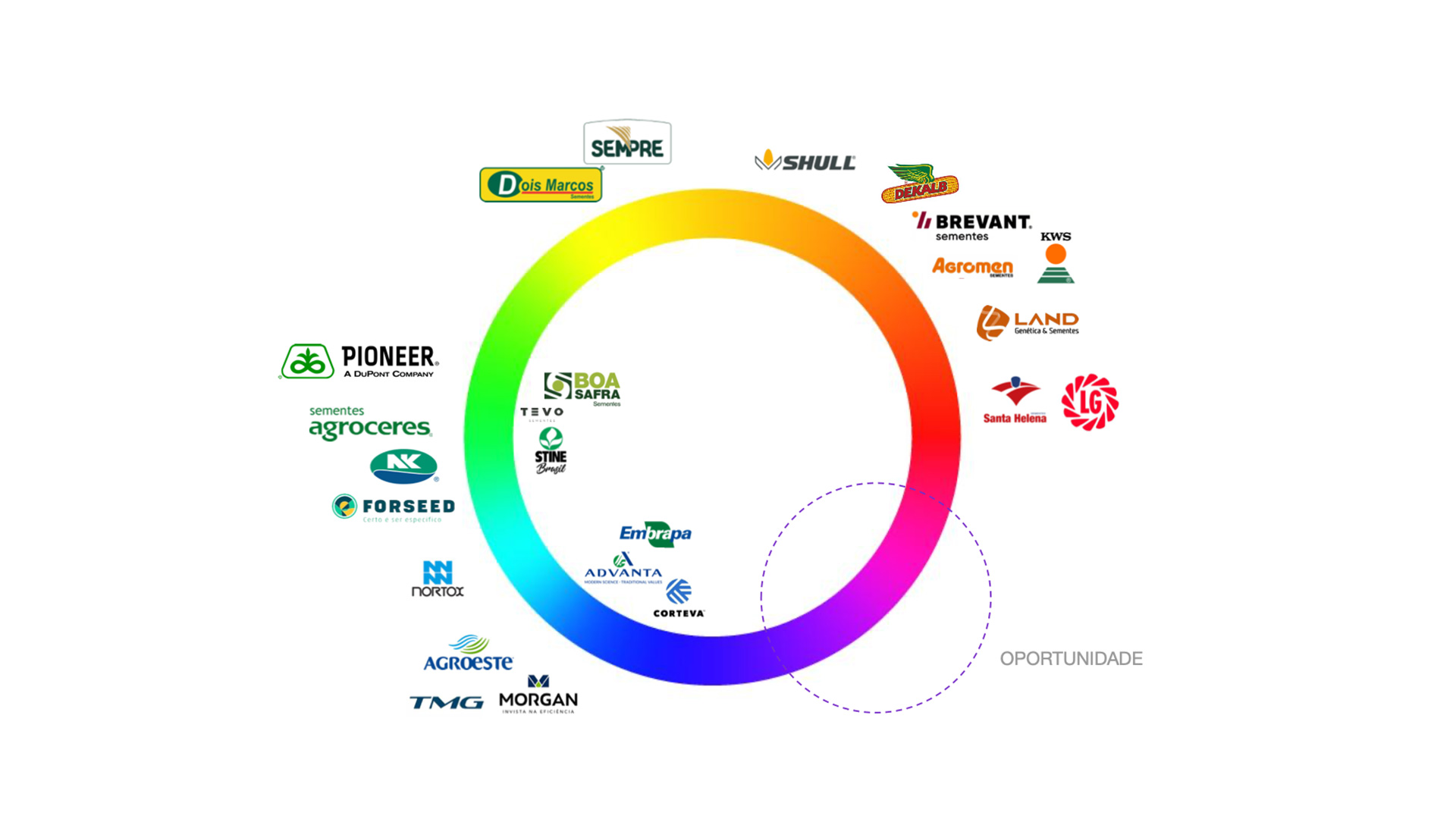 Circulo cromático posicionando as marcas concorrentes em suas respectivas cores, demonstrando um campo de cor vazio como oportunidade